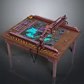 Mechanical Arm Cutting Machine On Wooden Worktable With Control Panel Colorful Pattern And Warning Stripes