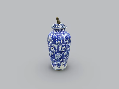 Blue and White Ceramic Vessel With Traditional Patterns And Decorative Lid 3d model