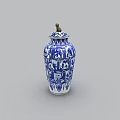 Blue and White Ceramic Vessel With Traditional Patterns And Decorative Lid