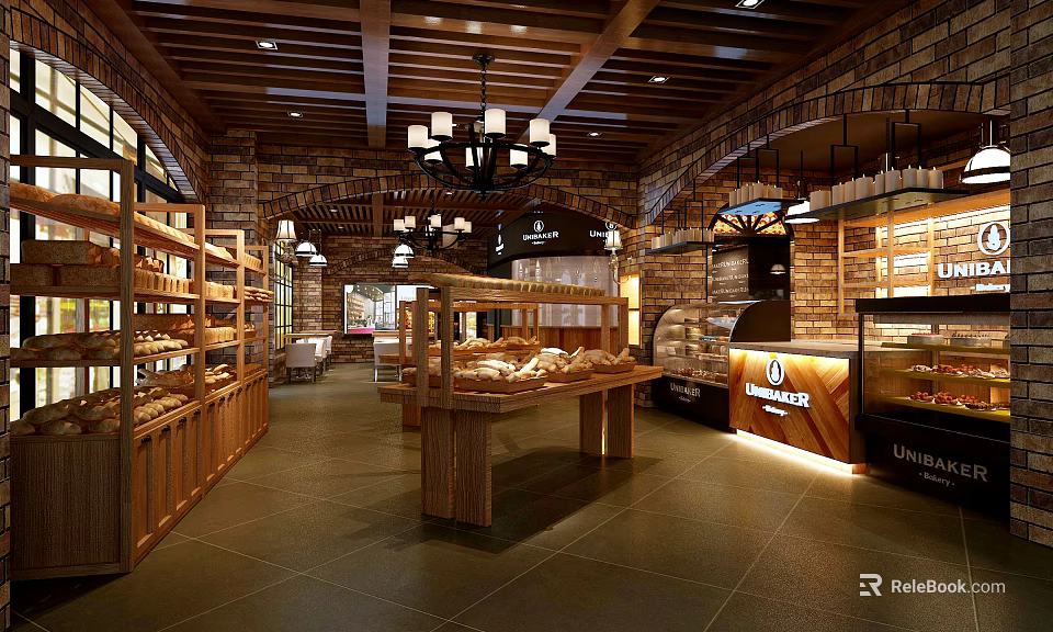 Cozy Dessert Shop Interior Featuring Wooden Ceiling Brick Walls Chandeliers And Fresh Bread Displays 3d model 