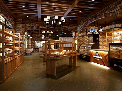 Cozy Dessert Shop Interior Featuring Wooden Ceiling Brick Walls Chandeliers And Fresh Bread Displays 3d model