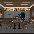 Chinese Restaurant Dining Area With Wooden Ceiling Tables Chairs And Menu Display Screens