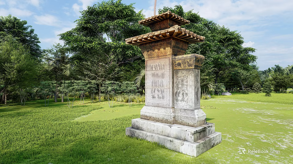 Ancient Carved Stone Pillar Standing in Lush Green Grassland With Surrounding Trees 3d model 