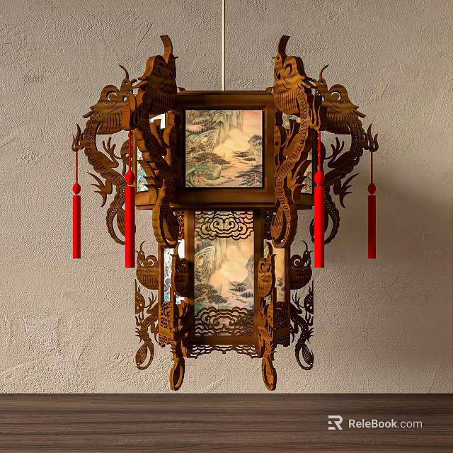 Traditional Chinese Wooden Lantern With Intricate Dragon Carvings Red Tassels And Landscape Paintings 3d model 