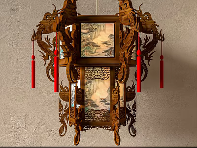 Traditional Chinese Wooden Lantern With Intricate Dragon Carvings Red Tassels And Landscape Paintings 3d model
