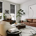 Stylish Living Room Interior with Windows Blinds White Brown Leather Sofas Coffee Table Patterned Rug 3d model