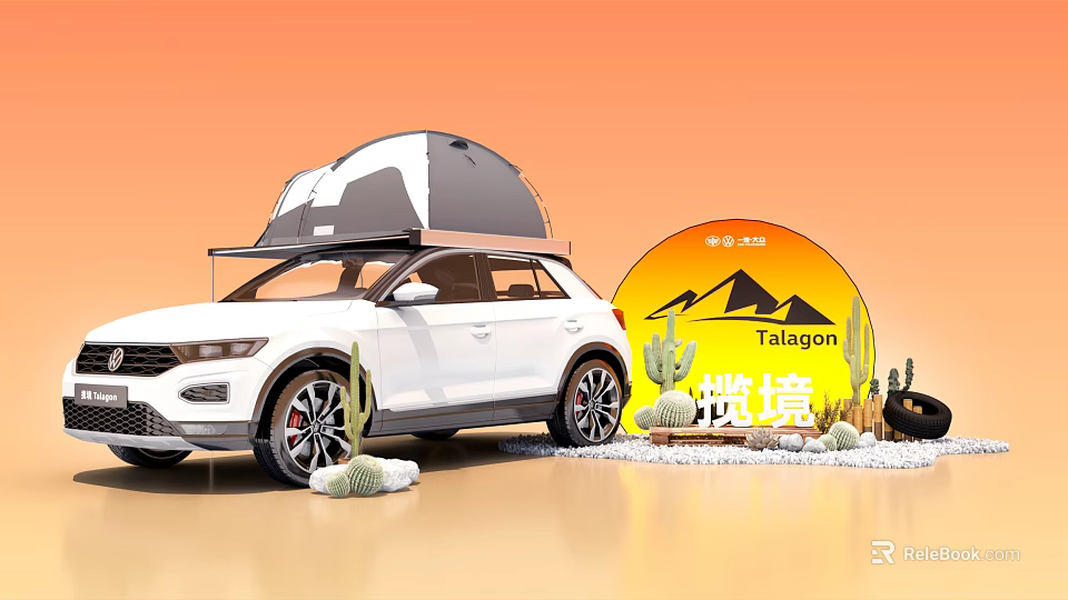 White Talagon SUV With Roof Tent For Camping And Desert Elements Under Orange Sky 3d model 