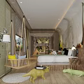 Natural Theme Hotel Guest Room With Wooden Decor Green Plants Swing Chair And Animal Toys