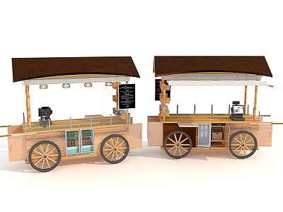 Wooden Mobile Food Cart With Brown Awning Coffee Machine And Menu Board 3d model