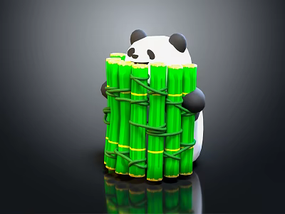 Adorable Panda Character Holding Bundled Green Bamboo Stalks On Black Reflective Surface 3d model