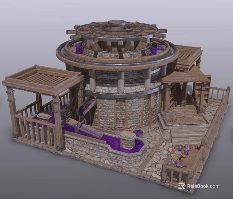 Circular Architectural Design with Wooden Pavilions Stone Columns Purple Accents and Stone Steps 3d model 