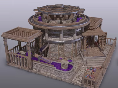 Circular Architectural Design with Wooden Pavilions Stone Columns Purple Accents and Stone Steps 3d model