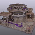 Circular Architectural Design with Wooden Pavilions Stone Columns Purple Accents and Stone Steps