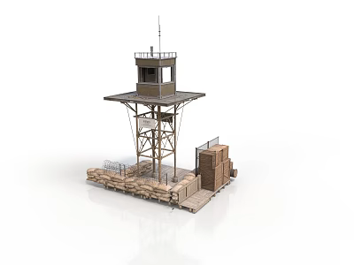 Modern Watchtower Structure With Platform Staircase Sandbag Wall And Wooden Crates 3d model
