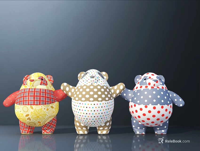 Three Cute Stuffed Bear Dolls With Colorful Plaid And Polka Dot Patterns 3d model 