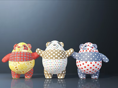 Three Cute Stuffed Bear Dolls With Colorful Plaid And Polka Dot Patterns 3d model