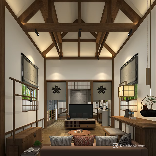 Traditional Japanese Style Hotel Guest Room with Wooden Ceiling Sliding Doors Tatami and Lanterns 3d model 