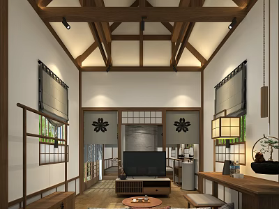Traditional Japanese Style Hotel Guest Room with Wooden Ceiling Sliding Doors Tatami and Lanterns 3d model