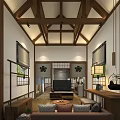 Traditional Japanese Style Hotel Guest Room with Wooden Ceiling Sliding Doors Tatami and Lanterns