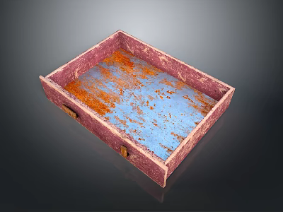 Vintage Rusty Metal Tray With Red Frame And Blue Worn Surface 3d model