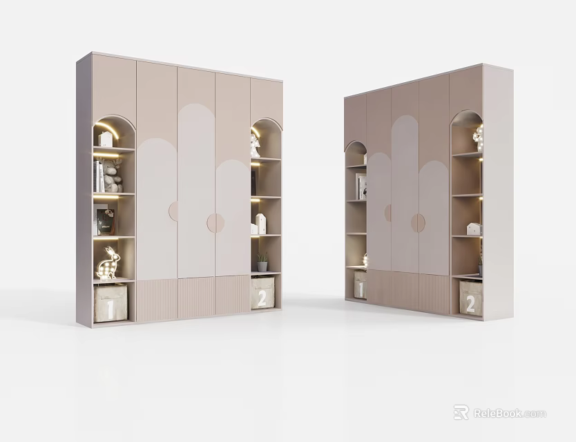 Modern Light Beige Wardrobe Design With Arched Cabinet Doors And Storage Shelves 3d model 
