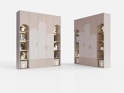 Modern Light Beige Wardrobe Design With Arched Cabinet Doors And Storage Shelves 3d model