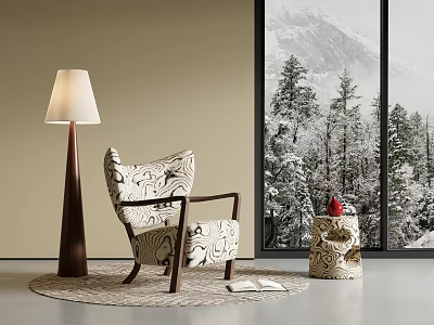 Elegant Accent Chair in Beige Room with Floor Lamp Snowy Mountain View Rug and Books 3d model