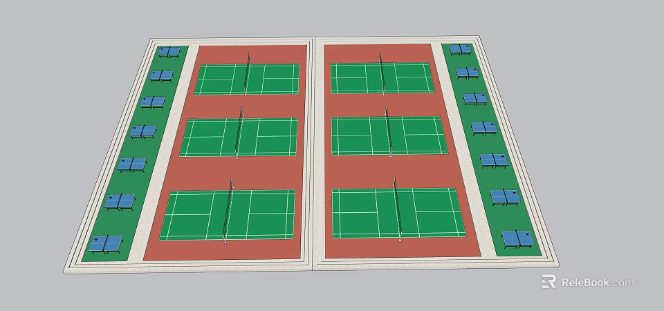 Two Adjacent Sports Zones With Six Green Courts And Blue Benches Layout 3d model 