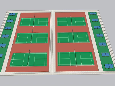 Two Adjacent Sports Zones With Six Green Courts And Blue Benches Layout 3d model