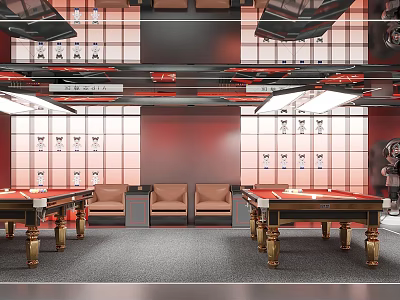 Stylish Billiard Room Interior With Multiple Tables Leather Seats And Modern Lighting 3d model