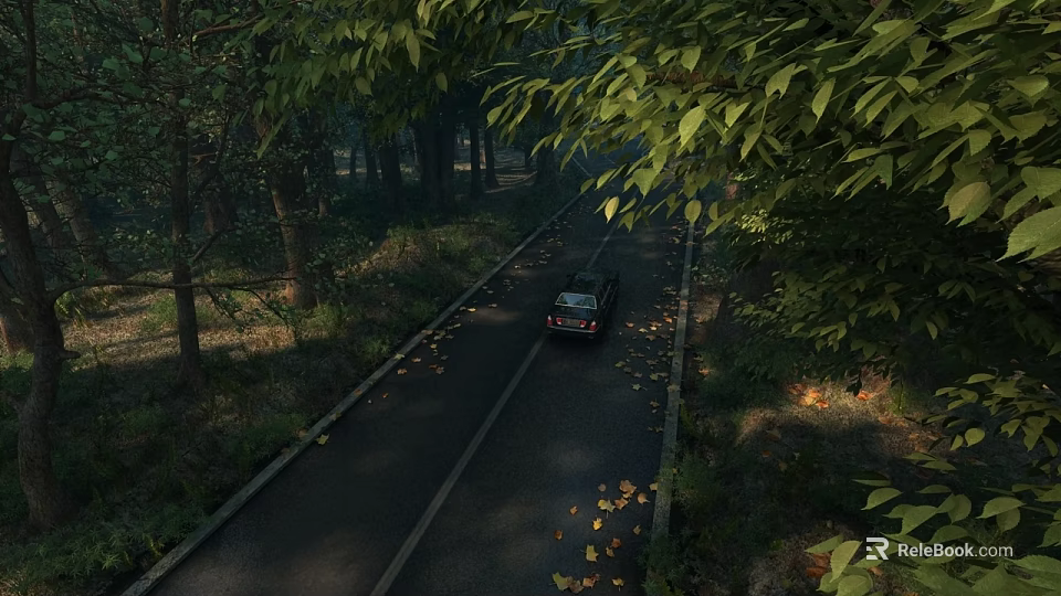 Scenic Road Infrastructure With Lush Trees Fallen Leaves And Asphalt Pavement 3d model 