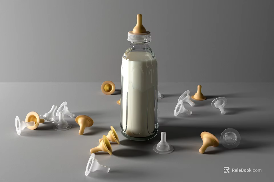 Baby Feeding Utensil Set With Glass Bottle Milk And Scattered Nipples 3d model 