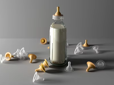 Baby Feeding Utensil Set With Glass Bottle Milk And Scattered Nipples 3d model