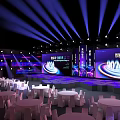Modern Stage with Purple Lighting Large Screens and Round Tables Setup