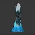Stunning Scenic View Of Icy Blue Rock Formations With Glowing Pink Lights And Water Reflections