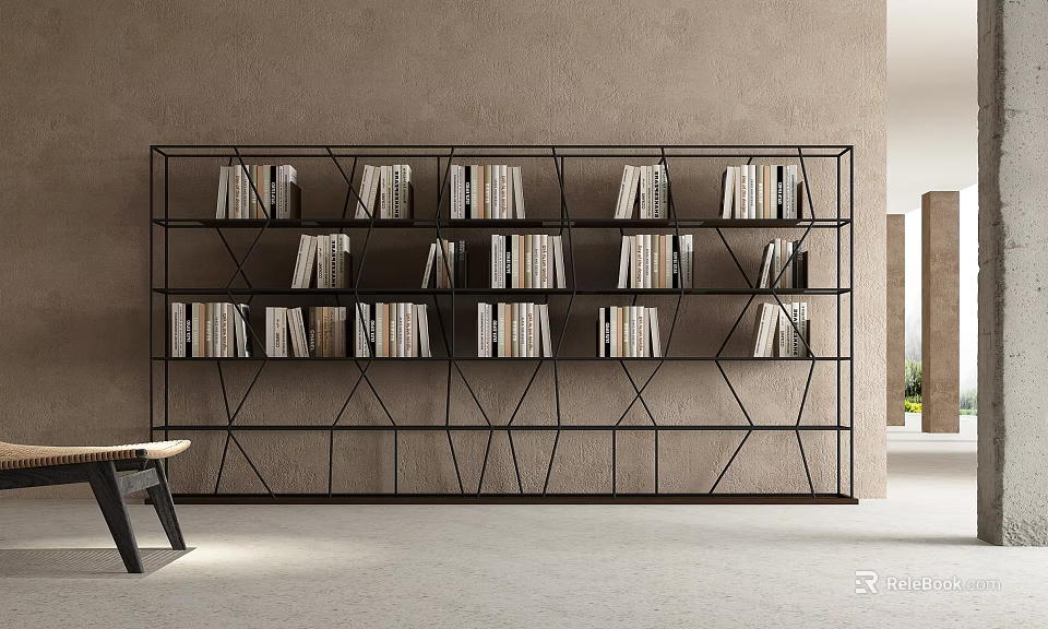 Modern Metal Frame Bookcase With Geometric Shelves Filled with Books In Stylish Interior 3d model 