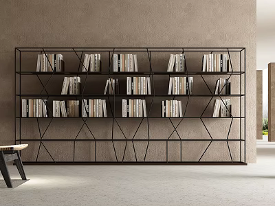 Modern Metal Frame Bookcase With Geometric Shelves Filled with Books In Stylish Interior 3d model