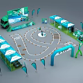 Exhibition Booth Setup With Turquoise Tents Circular Track Large Screen And Flags 3d model