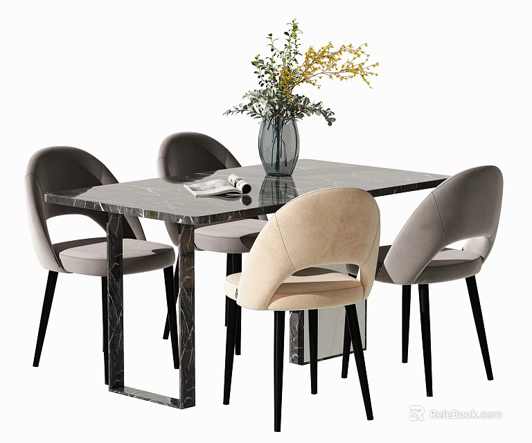 Modern Glass Top Dining Table Set With Grey Beige Upholstered Chairs And Flower Vase 3d model 
