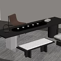 Modern Minimalist Tea Table and Chairs with Black Top White Benches Brown Chair Tea Set