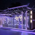 Traditional Chinese Architectural Pavilion With Purple Lighting Lattice Windows Stone Lions And Family Emblem
