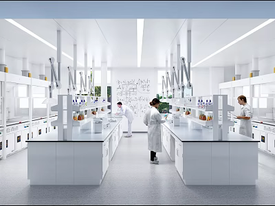 Modern Laboratory Interior With Researchers Working At Lab Benches Test Tubes And Equipment 3d model