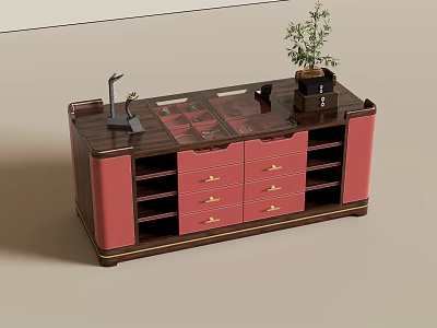 Modern Kitchen Island With Red Cabinetry Dark Wood Top Gold Handles Faucet And Potted Plant 3d model