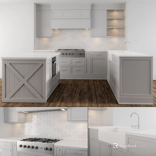 Modern Open Kitchen Interior With Gray Cabinets Island Wooden Floors And White Brick Backsplash 3d model 