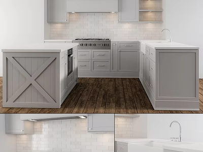 Modern Open Kitchen Interior With Gray Cabinets Island Wooden Floors And White Brick Backsplash 3d model