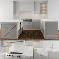 Modern Open Kitchen Interior With Gray Cabinets Island Wooden Floors And White Brick Backsplash