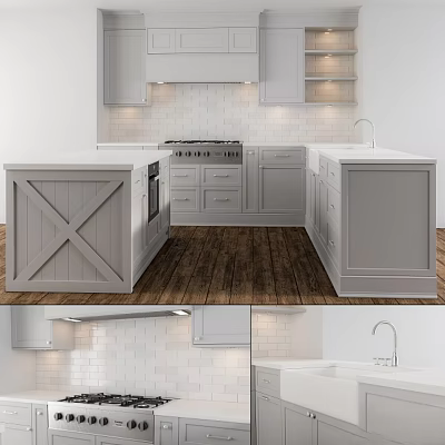 Modern Open Kitchen Interior With Gray Cabinets Island Wooden Floors And White Brick Backsplash 3d model