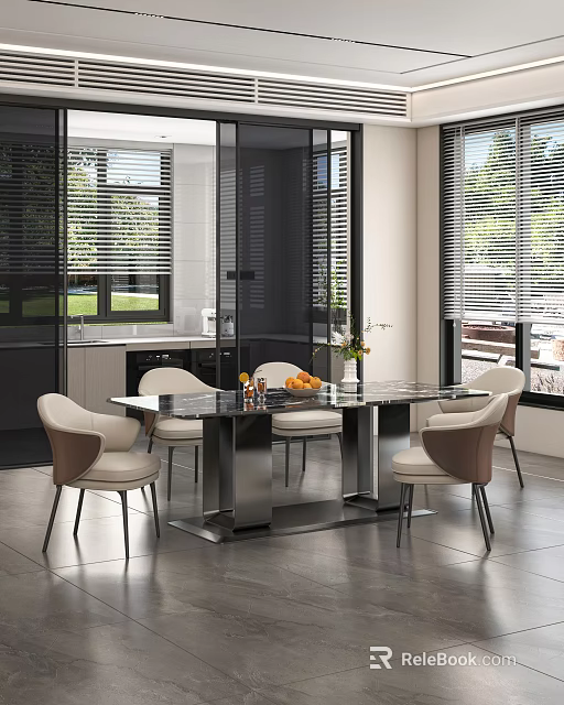 Modern Dining Room Interior With Marble Top Dining Table Chairs And Windows With Blinds 3d model 
