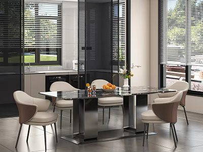 Modern Dining Room Interior With Marble Top Dining Table Chairs And Windows With Blinds 3d model