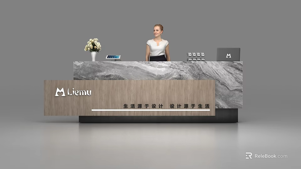 Modern Wooden Reception Desk with Marble Countertop Flower Arrangement Tablet and Laptop 3d model 